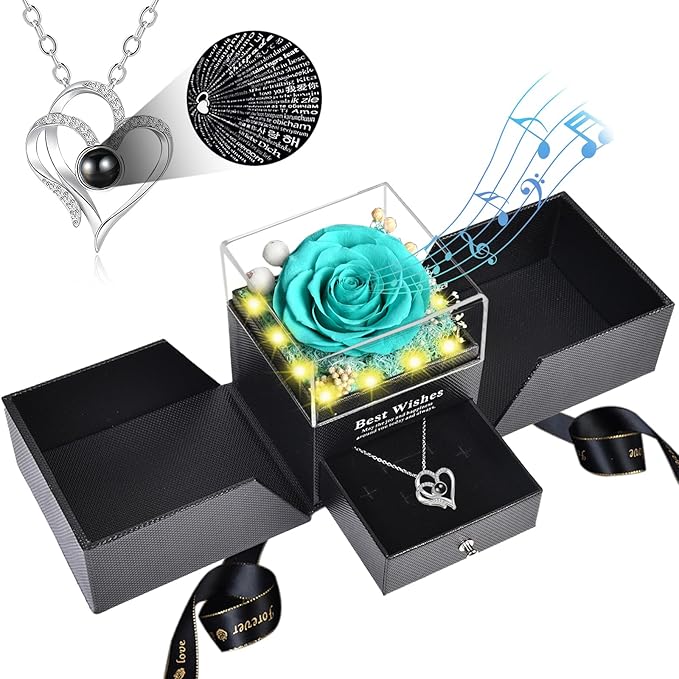 Pasuvsigt Mothers Day Mom Birthday Gifts for Women, Preserved Real Rose with I Love You Heart 100-Language Necklace, LED Lights & Music Box, Anniversary for Women Girlfriend Mom