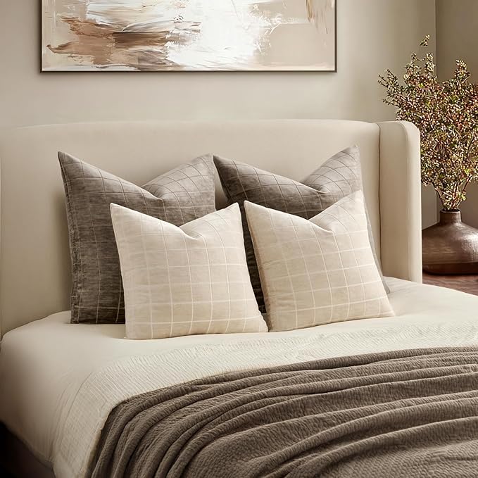 MIULEE Decorative Chenille Check Throw Pillow Covers Vintage Plaid Couch Pillows 18x18 Inch Set of 2 Neutral Boho Farmhouse Cushion Covers Modern Spring Home Decor for Sofa Bed Living Room Beige