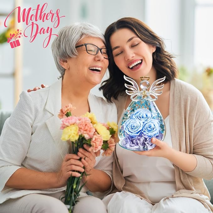 Beferr Mothers Day Mom Birthday Gifts for Women, Fresh Flowers for Delivery Forever Preserved Rose in Glass Angel Figurine, Anniversary Christian Real Rose for Grandma Nana Wife Mum from Daughter Son