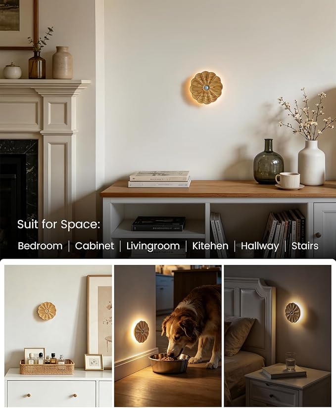 Night Light Wooden Carved Flower Mini USB Rechargeable Motion Sensor Nightlights Magnetic Wall Light for Hallway, Bedroom, Living Room, Stair, Ash Wood