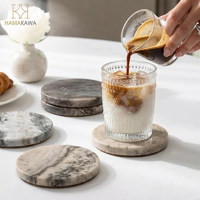 Natural Marble Coasters Set of 4, Round Travertine Coasters 4 Inch, Modern Gray Stone Coaster, Vintage Drink Coaster for Home Decor, Coffee Table, Office