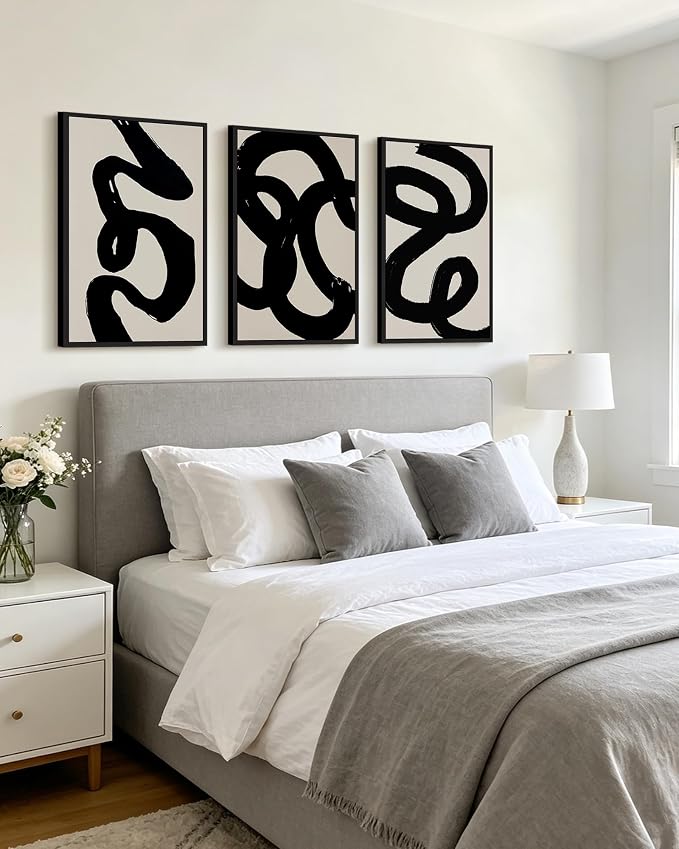 PHOPAGO Black Abstract Modern Framed Wall Art Large 16x24in Ink Wash Minimalist Thick Black Lines Paints Artwork Bedroom Living Room Home Decor - Black Framed