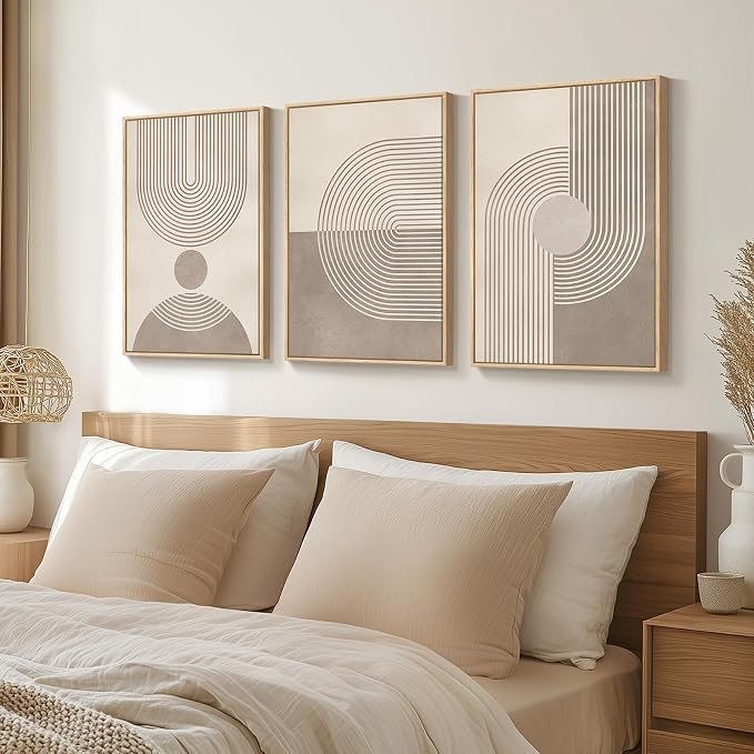 Framed Neutral Modern Minimalist Wall Art for Living Room, 3 Piece Boho Abstract Canvas Prints Artwork for Walls, Mid Century Boho Neutral Geometric Paintings for Bedroom Hallway Wall Decor, 16x24 In