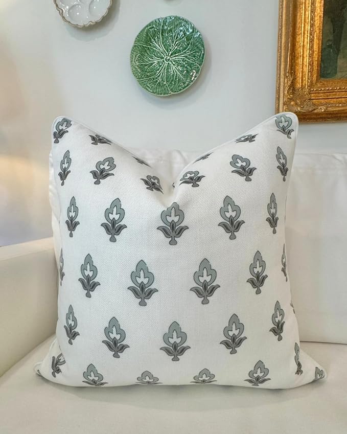 Jillien Harbor “The Poppy” Floral Block Print Pillow Cover – Green Leaf Decorative Festive Throw Pillow Cover with White Background – Grandmillennial Home Decor, 20" x 20"