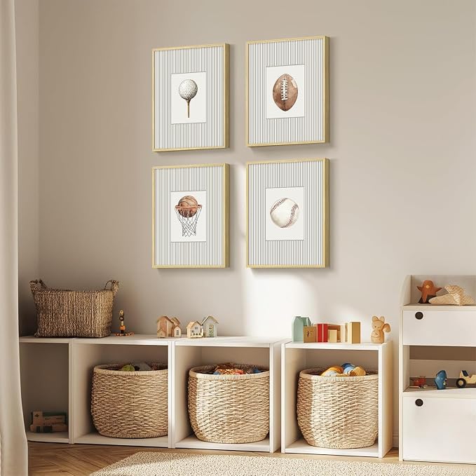 Sports Wall Art Decor Toddler Boys Room Canvas Prints Vintage Sports Nursery Wall Decor Kids Poster Football Baseball Pictures Basketball Golf Painting Artwork for Bedroom 12x16 Inch Unframed Set of 4