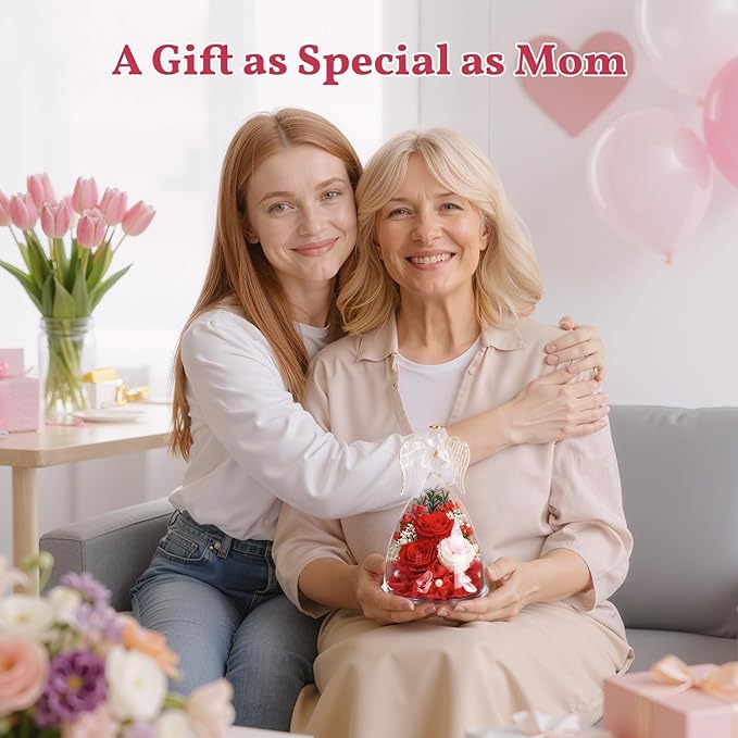 TranquilBliss Gifts for Mom, Flowers for Mother’s Day, Preserved Rose in Glass Dome with Light, Angel Figurines for Her Birthday, Valentine’s Day for Wife, Grandma, Women - Red