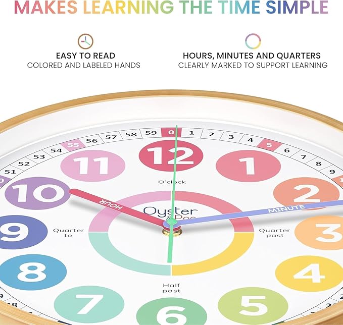 Large Pastel Kids Learning Clock – Award-Winning 14" Silent Non-Ticking Analog Wall Clock for Classroom & Kids Bedroom – Cute Colorful Room Decor & Educational Tool – Includes Teaching Time E-Book