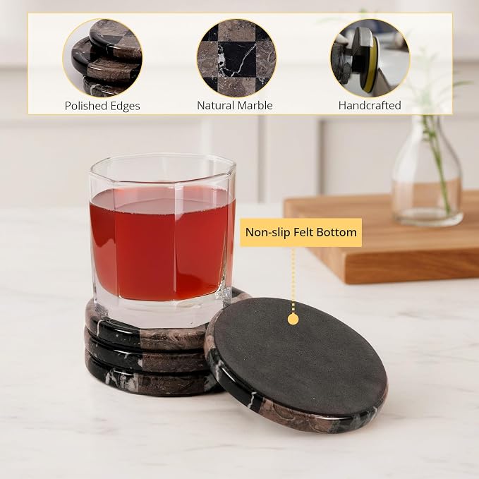 Marble Coasters Set of 4, Zebra Black & Oceanic Handmade 4 inch Round Stone Coaster, Drink Checkered Coaster Plates for Coffee Table, Stylish Bar Accessories & Modern Home Décor
