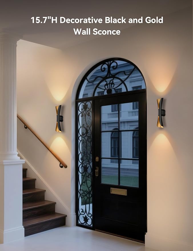 Tubicen Battery Operated Wall Sconce with Remote Art Deco Cordless Sconces | 3-Color Dimmable Movie Theater Lights 9000mAh Rechargeable Up Down Accent Wall Light for Living Room Bedroom Black and Gold