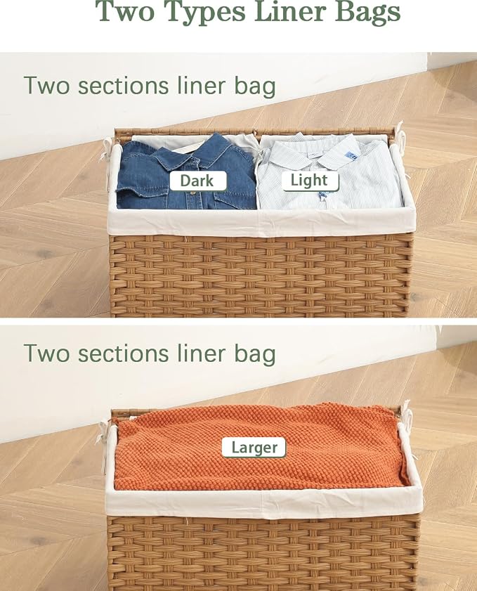 SETVSON Storage Basket with Lid Wicker Baskets for Storage with 2 Separate Lid 42.3 Gallon (160 L) 29.9 x 17.3 x 18.1 Inches Rattan Woven Large Wicker Basket with 2 Liners for Bedroom Laundry Natural
