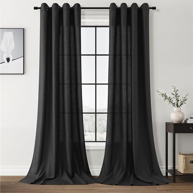 Nanspring Black Linen Curtains 102 Inches Long for Living Room Textured Lightweight Elegant Modern Decor Sheer Window Curtain Grommet Semitransparent Light Filter Long Drapes for Bedroom 52X102