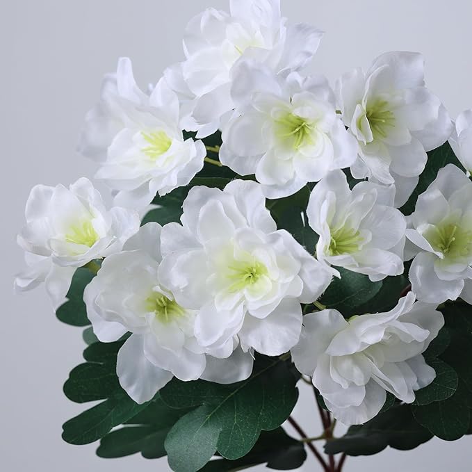 16 Bundles Artificial Flowers for Front Door, Fake Silk Azalea Bouquet Silk Flowers for Outside UV Resistant Realistic Faux Plants for Planter Farmhouse Patio Garden Walkways Home Decor (White)