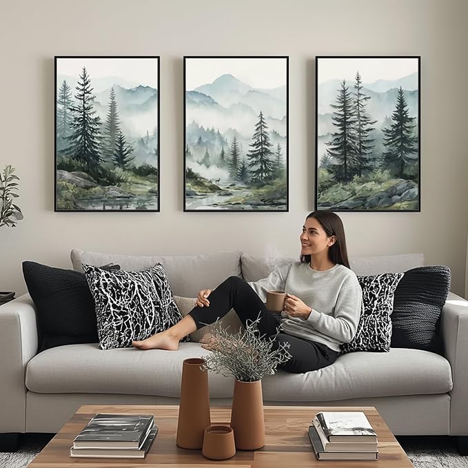 SAFERRYHOME Foggy Green Forest Wall Art, Misty Pine Tree Framed Canvas Wall Decor, Nature Landscape Painting Woodland Prints, Modern Mountain Artwork Picture for Living Room Bedroom Office, 16"x24"x3