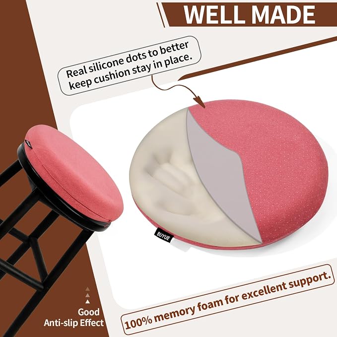 BUYUE Memory Foam Seat Cushion, Dia 15" Soft Velvet Round Stool Cushion Anti-Slip Chair Pads, M, Rose Pink