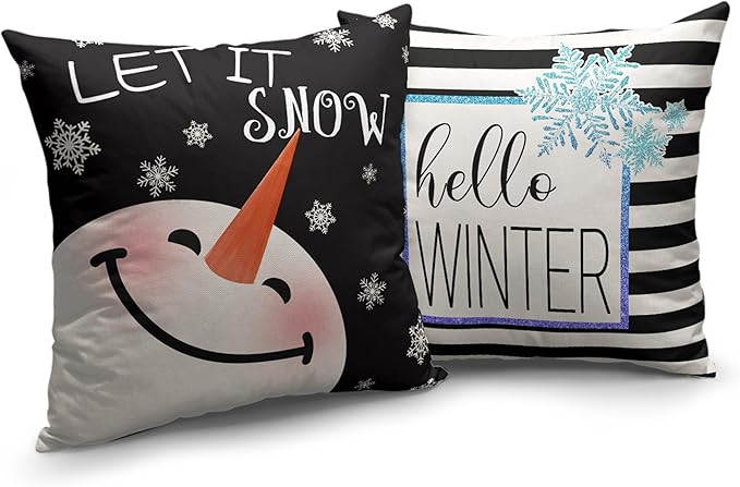 2 Pack of Winter Pillow Covers 22x22 Lovely Snowman Decorative Throw Pillow Covers Set of 2 Hello Winter Black Stripes Pillow Case for Living Room Holiday Decor Couch