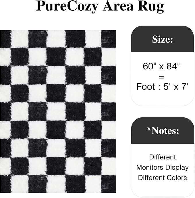 PureCozy Checkered Rug 5x7 for Living Room, Black and White Modern Shag Rugs Super Soft Washable Indoor Office Fuzzy Carpet Non-Slip Fluffy Rugs for Bedroom Home Aesthetic Decor