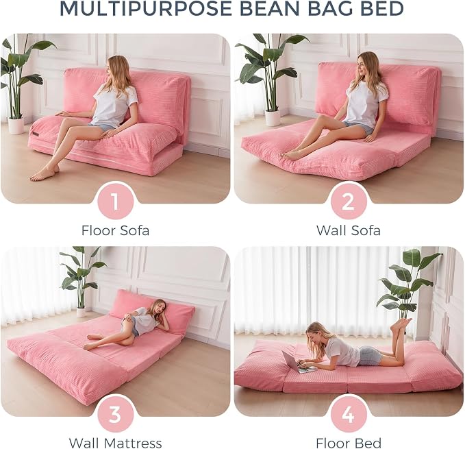 MAXYOYO Folding Sofa Bed, Floor Sofa Convertible Chair with Washable Cover, Floor Couch Lounge Bean Bag Chair Bed for Living Room, Pink, 54x91 Inch