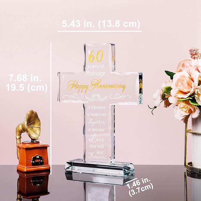 YWHL 60th Anniversary Cross Gifts for Couple Parents, 60 Years Wedding Anniversary Keepsake for Him Her, Laser Carved 60 Years of Marriage Glass Cross Decoration