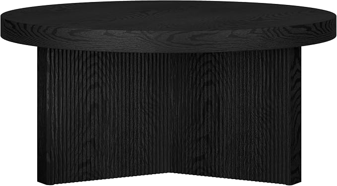 Henn&Hart 32" Fluted Round Low-Profile Coffee Table with Ribbed Pedestal Base for Living Room, Family Room, Office, or Apartment, Natural Black