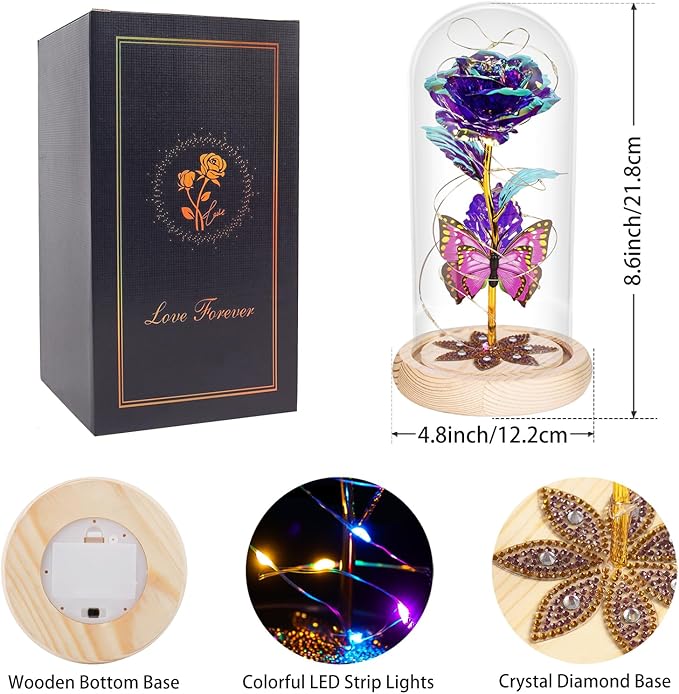 Beferr Birthday Gifts for Women Galaxy Glass Rose Forever Preserved Flowers for Delivery Light Up Rose in Glass Dome Mothers Day Butterfly Gifts for Mom Wife Grandma Her Daughter Girlfriend