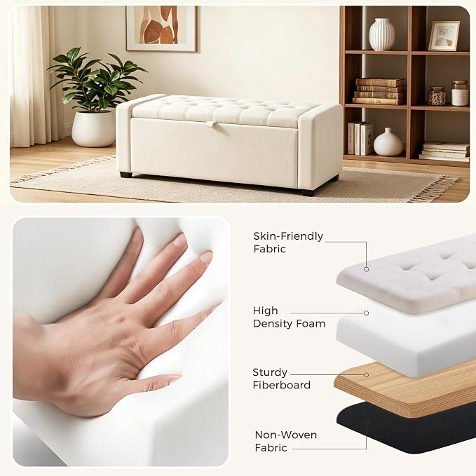 47" Beige Storage Ottoman, Multi-Functional Shoe Bench Seat for Living | Versatile design works as a coffee table or footstool; easy assembly, sturdy structure, and comfortable padded cushion.