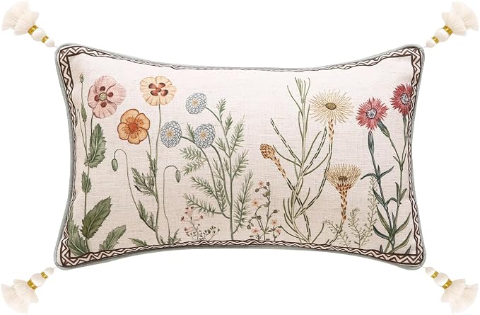 ISAENNE Designer Vintage Linen Throw Pillow Cover,20"x12"-Serenity D | French Elegant Rectangle Decor Pillow Cover,Concealed Zipper Design,Light Beige,Sofa,Bedroom,Living Room,Chairs