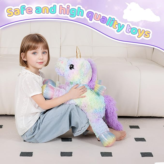FFxiong 24 Inch Rose Rainbow Colors Unicorn Stuffed Animal Plush Toy with Wings Soft Cute Large Unicorn Plushies Animals Pillow Gift for Children Boy Girl Kids Birthday Valentine Room Decorations