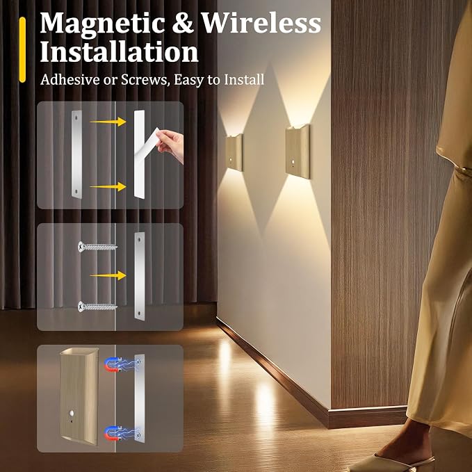 Battery Powered Wall Sconce Set of 2: 5000mAh Rechargeable Motion Sensor Wall Light with Remote, 3 Colors Wireless Sconce Magnetic Motion Sensor Night Light Indoor for Bedroom Hallway Stair, Beech