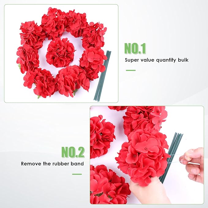 AVIVIHO 105Pcs Red Fake Flowers Hydrangea Artificial Flowers Bulk (Not Squished, No Steaming Need) Silk Flowers with Stems for Wedding Decor,Home,Baby Shower,Table Centerpieces Decoration