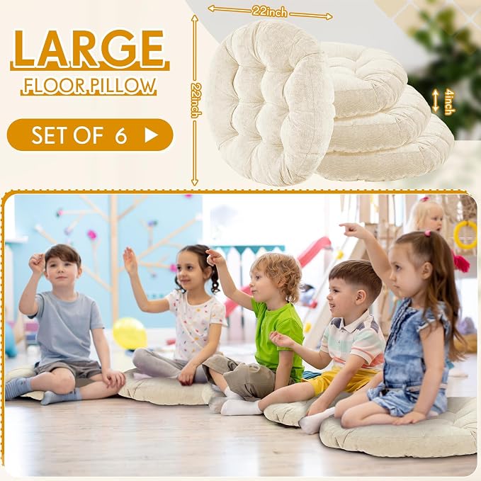 Jerify 6 Pcs Floor Pillow Cushions Large Round Square Large Meditation Floor Pillow for Classroom Adult Meditation Picnic Party Seating Learning Daycare School (Round,Beige)
