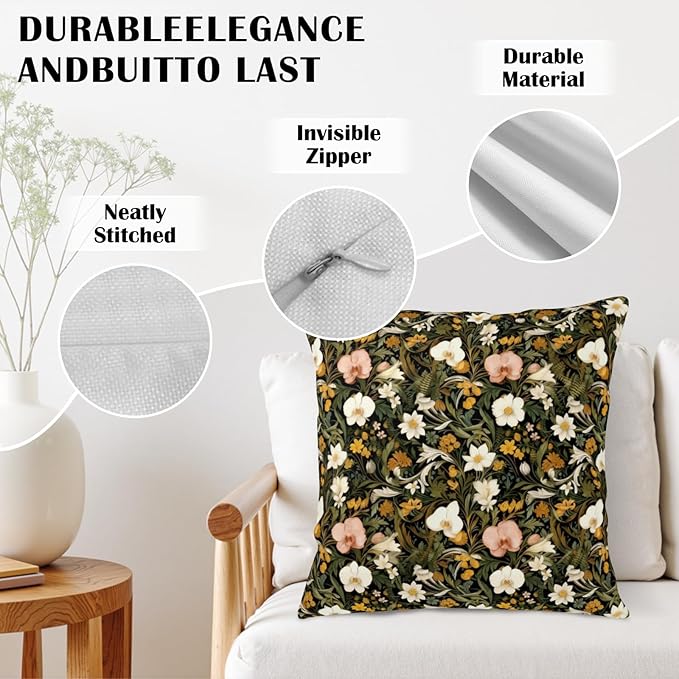 Spring Summer Botanical Throw Pillow Covers Dark Floral Pillow Covers 16x16 Set of 2 Boho Flower Farmhouse Pillow Cases Wildflower Cushion Cases for Home Bedroom Living Room