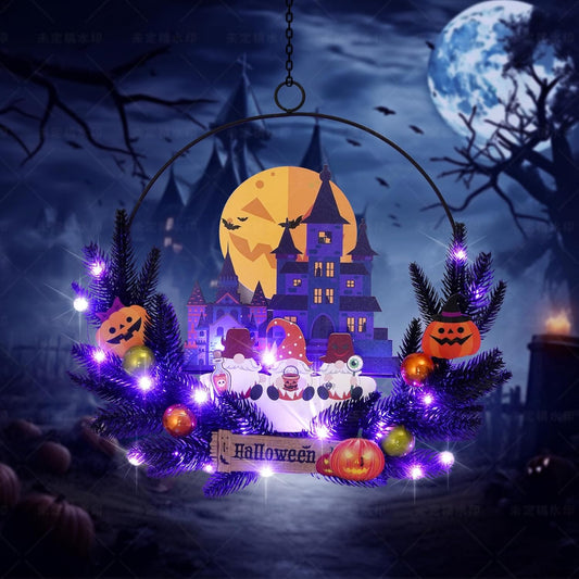 Lighted Halloween Wreaths for Front Door, Welcome Metal Wooden Door Wreath Decor Hanging Sign, 30 LED Lighted Wall Decor Battery Operated for Halloween Indoor Outdoor (Dwarf)