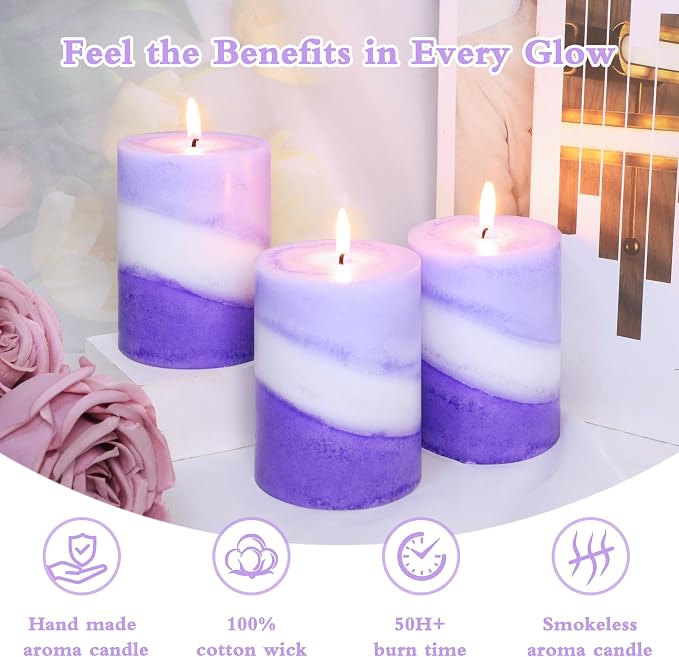 Lavender Scented Pillar Candles, Purple and White Striped, 3x4 Inch, 100% Cotton Core Handmade Paraffin Wax Candles for Bathroom Living Room Home Decor, Set of 3