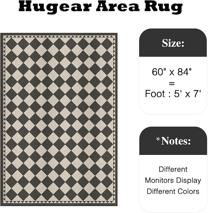 HUGEAR 5x7 Outdoor Rug Black/Beige Linen-Look Fabric Checkered Area Rug High Traffic Stain Resistant Easy Clean Durable Rugs for Indoor/Outdoor Patio Deck Balcony Porch Garden Courtyard