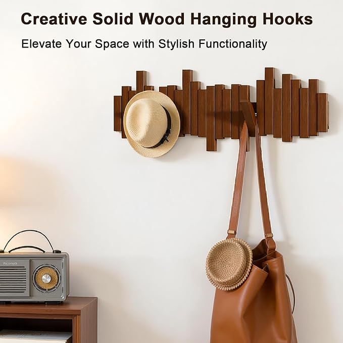 Modern Wooden Coat Rack, key holder wall mount– Handmade Solid Walnut Flip Hook Rack with Hidden Mount, Decorative Entryway Wall Hooks for Coats, Bags & Hats, Space-Saving Design (Brown,4 Hooks)