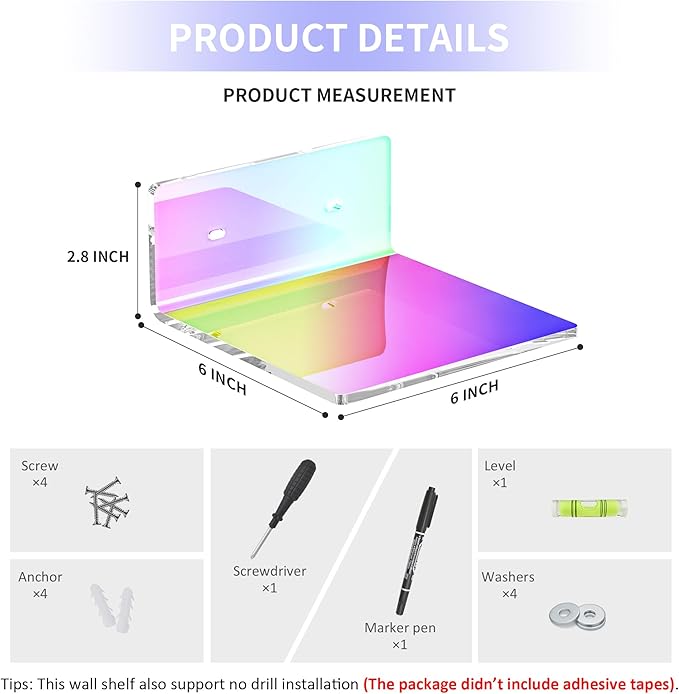 Sezanrpt 6 Inches Iridescent Acrylic Wall Shelves Set of 2, Wall Mounted Storage Display Shelves for Bedroom, Gaming Room, Living Room, Bathroom, Dining Room, Office, 2 Pack