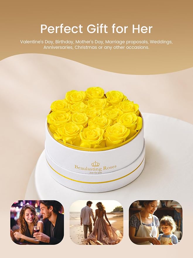 16 Preserved Roses Forever Flowers Real Roses in a Box Mother's Day Birthday Flowers for Her Mom Women Wife Valentine's Day, Yellow Roses