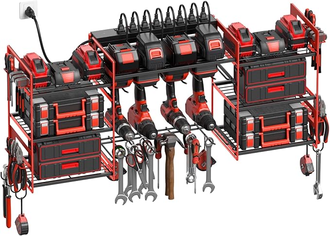 CCCEI Red Power Tool Organizer Wall Mount, Large Tools and Battery Storage Rack Charging Station Individual Switches. Drills Holder, Garage Utility Shelves with 10FT Power Strip. Gift for Men.