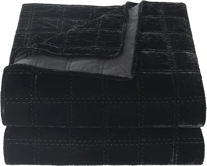 HiEnd Accent Stella Faux Silk Velvet Double Box Stitch 3 Piece Quilt Set, Full Queen Size, Black Solid Color, Classic Chic Modern Rustic Elegant Bedding Set, Lightweight Bed Set