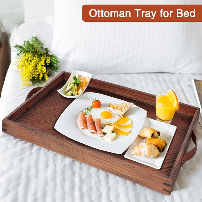 SXNOWS Wooden Serving Tray with Leather Handles, 24x16 in | Large Rectangle Wood Tray,Perfect for Ottoman Coffee Table Living Room and Kitchen, Rustic Gift for Home Decor
