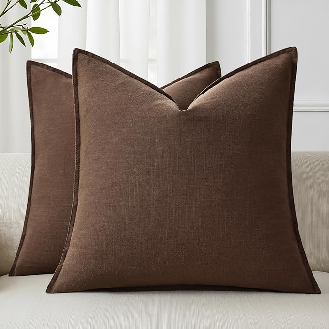 decorUhome Summer Decorative Linen Throw Pillow Covers 16x16 Inch Set of 2 Chocolate Pillow Covers with Flange Edges Soft Farmhouse Boho Accent Pillow Cases for Couch Bed Living Room