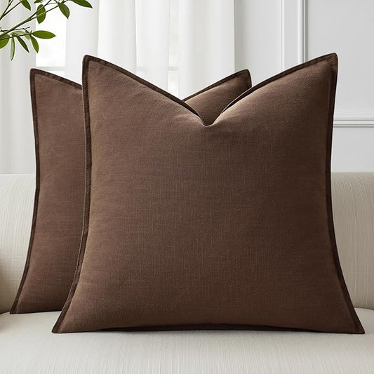 decorUhome Summer Decorative Linen Throw Pillow Covers 18x18 Inch Set of 2 Chocolate Pillow Covers with Flange Edges Soft Farmhouse Boho Accent Pillow Cases for Couch Bed Living Room