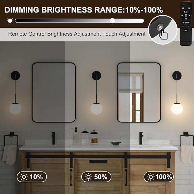 Battery Operated sconces Set of 2 Glass Globe Rechargeable Black Wall Light Fixture Wireless Wall Lights with Clear Glass Shade for Living Room, Hallway, Bedroom(2 Pack)