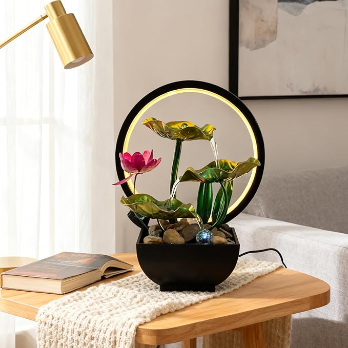 AOZITA Tabletop Fountain, Indoor Waterfall Fountain, Small Home Décor Zen Relaxation Soothing Sound Machine for Office, Living Room, or Bedroom, Green Metal Lotus with Flower, River Rocks, Round LED