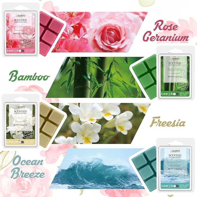 Salubrito Spring Scented Wax Melts, Strong Scented Soy Wax Cubes - Rain, Fresh Cut Grass, Ocean Breeze, Sweet Pea, Rose Geranium, Gardenias, Freesia, Bamboo, Variety Gift Set, 8x2.5oz