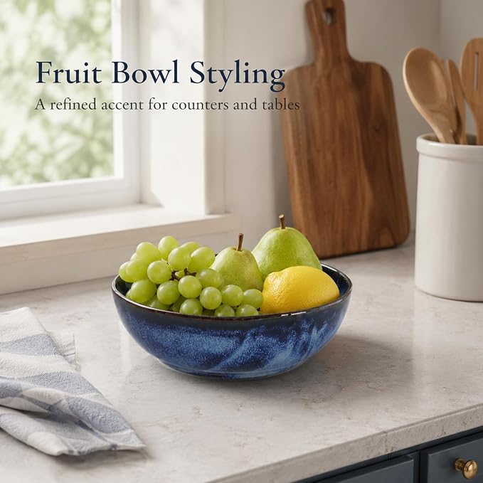 Blue Ceramic Bowl, 9.5in Large Fruit Decorative Bowl for Coffee Table Decor
