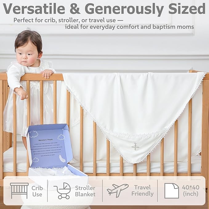 Tencel Christening Baby Blanket – Soft Lyocell Baptism Blanket with Classic Lace Border and Minimal Cross Embroidery, 39.4×39.4 in, Timeless Heirloom Gift for Boys & Girls