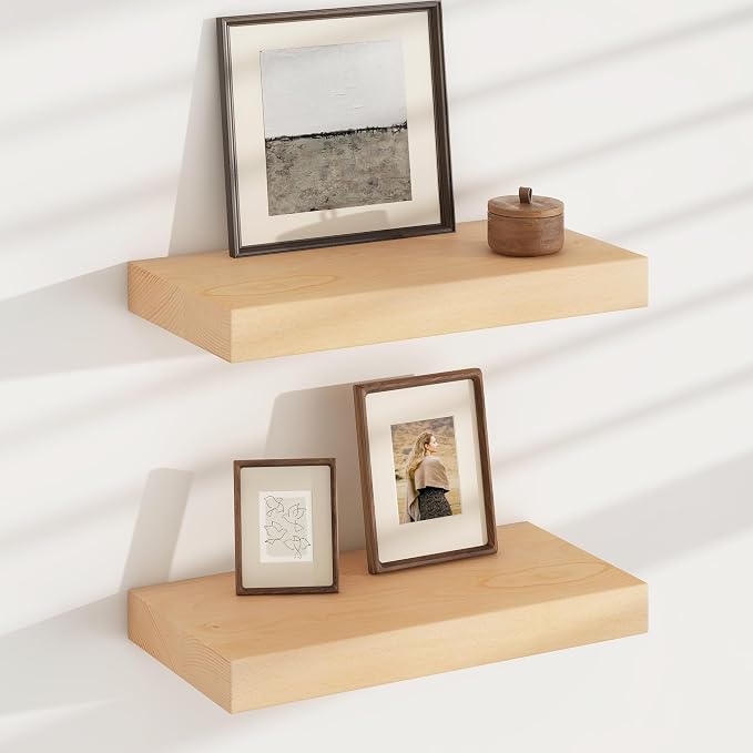 Floating Shelves for Wall, USA-Sourced Beech Wood 16 Inch Wall Shelves Set of 2, Natural Wooden Mounted Picture Ledge Shelf, Nursery Book Storage Shelf Kids Bookshelf Display, Shelf for Bathroom