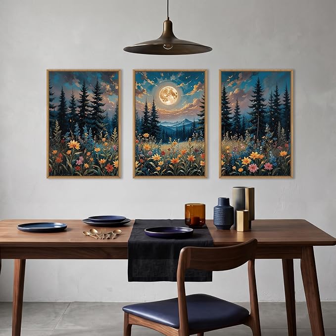 BICERE Large Nature Moon Wildflowers Framed Canvas Wall Art,Vintage Forest Flowers Wall Decor,Dark Mountain Night Painting,Wilderness Artwork for Living Room,Bedroom,Dining Room,Office -16"x24"x3