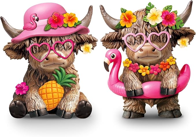 Karenhi 2 Pcs Hawaii Highland Cow Figurines Decor Summer Flamingo Resin Statue Gnomes Scottish Calf Lovers Housewarming Gifts for Coastal Garden Home Kitchen Office Tiered Tray Table Decor